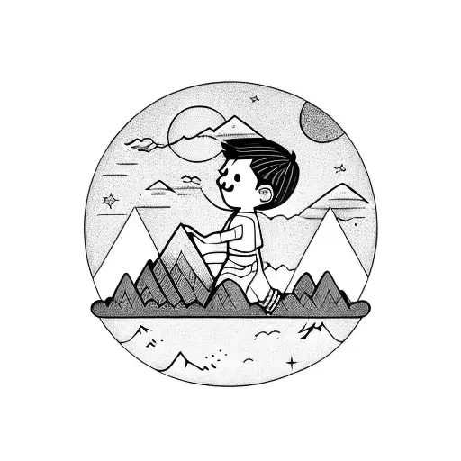 Boy Looking At The Moon With Mountains In Background