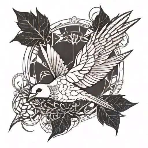 Mourning Dove Flying Raven Skull Thorns Wrapped