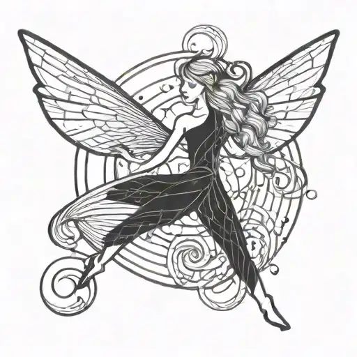 Minimalist Fairy Flying Over Fibonacci Spiral Galaxy With Stars