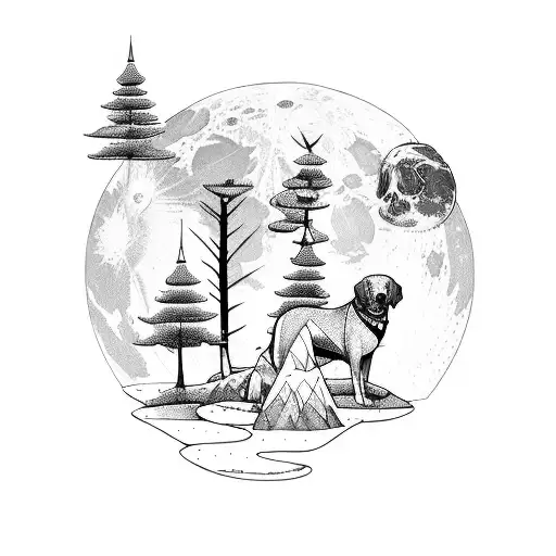 Mountains With Dog With Trees Around And A Mooon