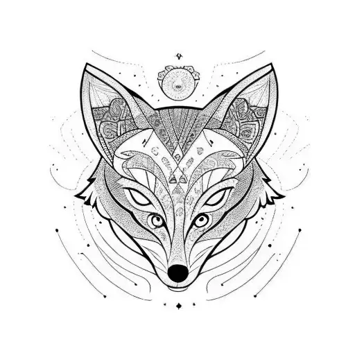 Colored Fox Head With Gemetrical Symbols Around Her