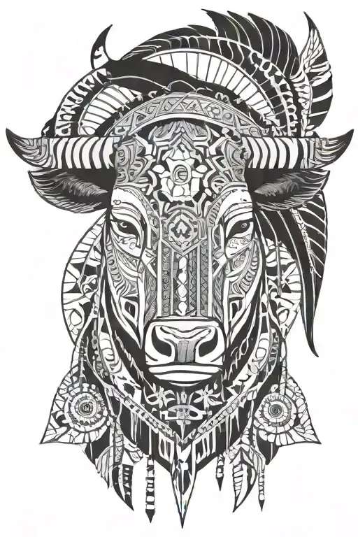 Head Of A Bull In Aboriginal Head Dress With A Tipi An Hourglass And 2 Magpies With A Bow And Arrow