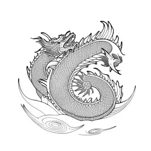 Japanese Tattoo With Sea And Dragon