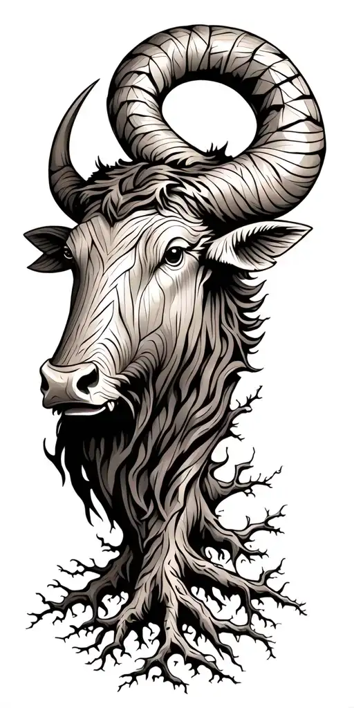 Wood Ox Head With Tree Roots Growing