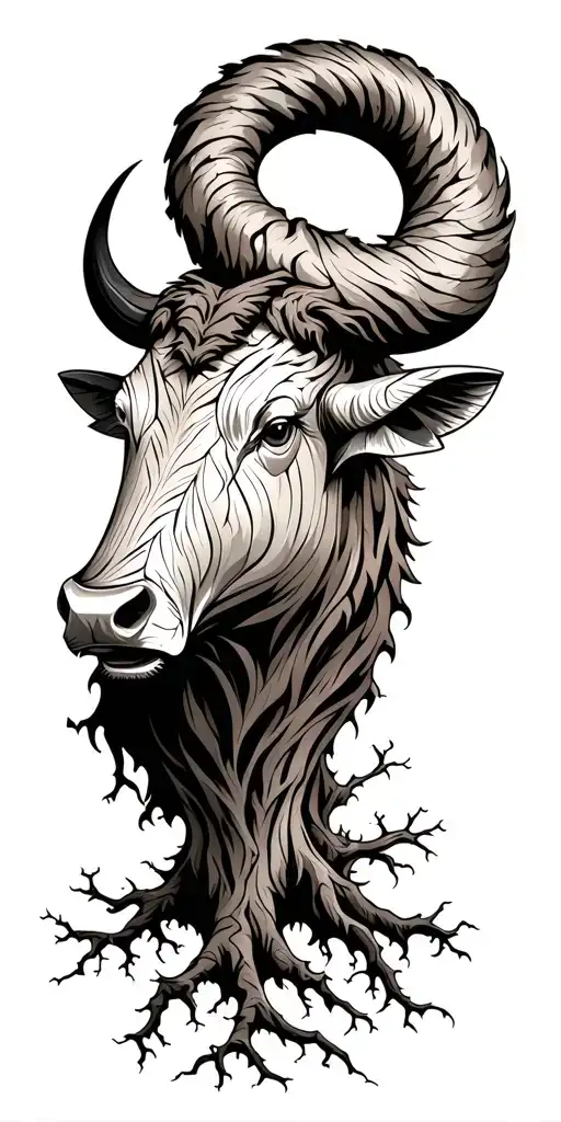 Wood Ox Head With Tree Roots Growing