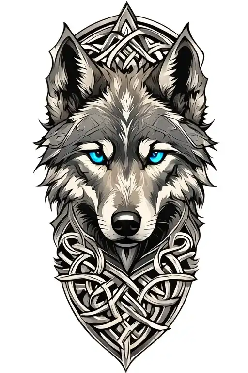 Wolf With Blue Eyes On Armor Tattoo Design Featuring Celtic Trinity Knot