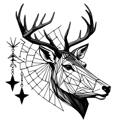 Geometric Deer Head With Stars Dangling From Horn And Mix Of Libra Symbolism In A Straight Line