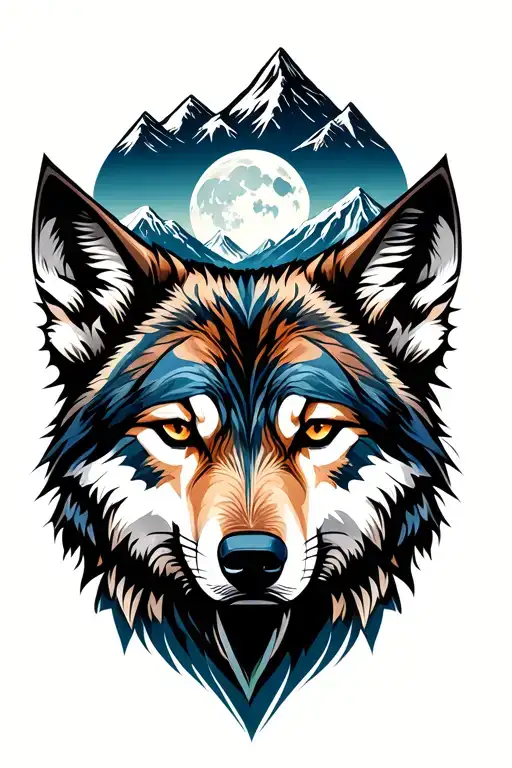Intense Wolf Face With Moon And Mountain Landscape