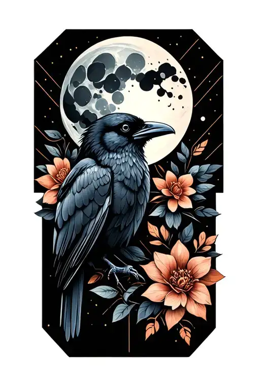 Raven With Flowers And A Moon