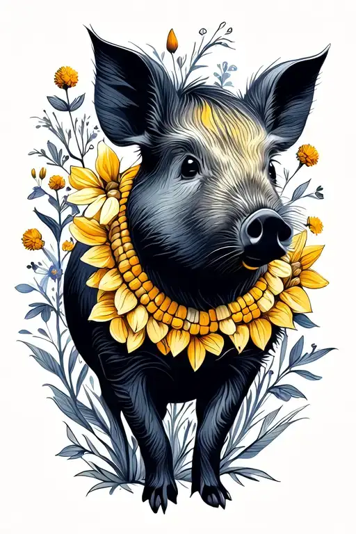 Piglet Wildboar With Corn Flowers