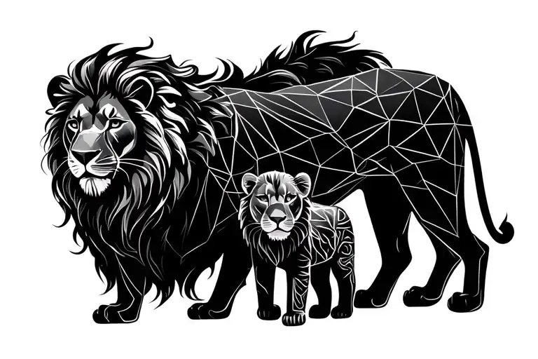 Lion And Baby Lion In A Single Line