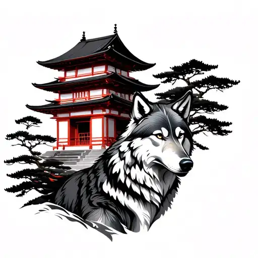 Realistic Japanese Pagodo With Wolf And Trees