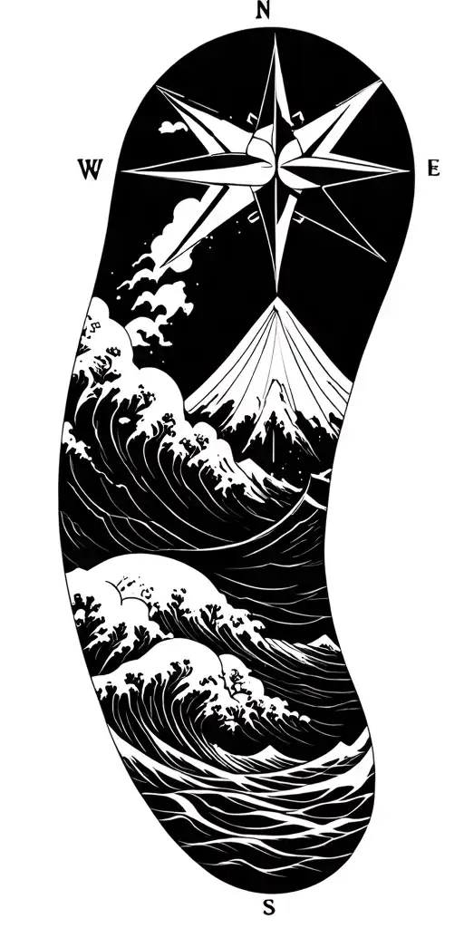 Compass Tattoo With Mountains And Ocean Waves