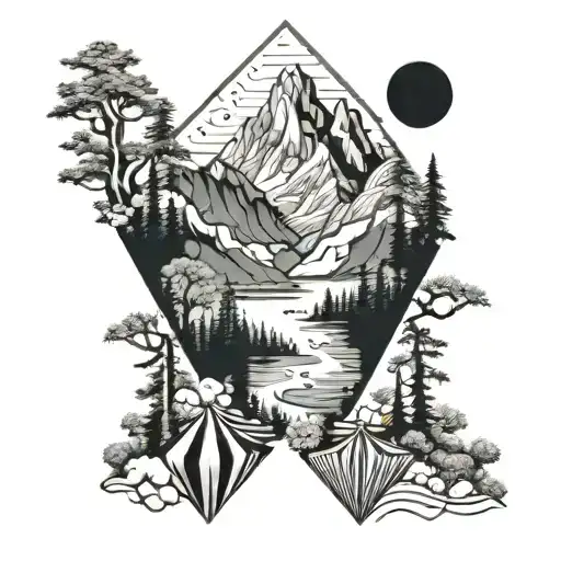 Long Calf Tattoo Mountains Trees Ocean