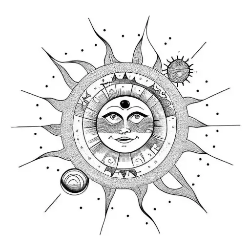 Sun With A Cresent Moon Cradling The Sun And The North Star Just Above The Sun