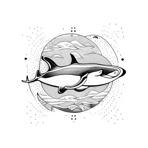 Orca Surfer Through Wave Below A Thin Moon