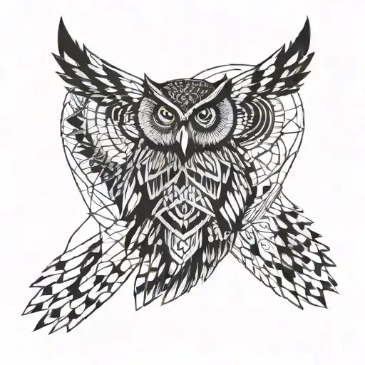 A Geometric Design Incorporating Symbols Of Owl Flies Towards Me