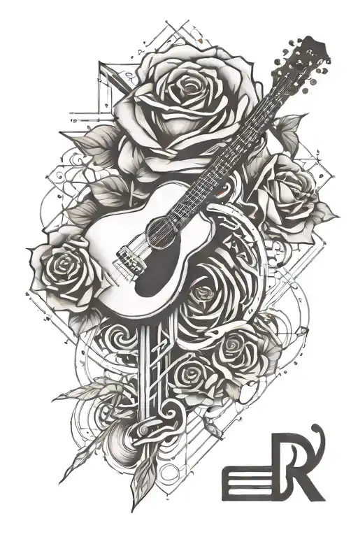 Rose And Guitar Nd Letter R D And Music Notes Floating