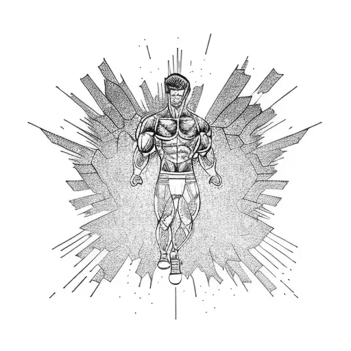 A Muscular Silhouette Exploding From Bricks With Hand Towards Heaven Exploding With Wings