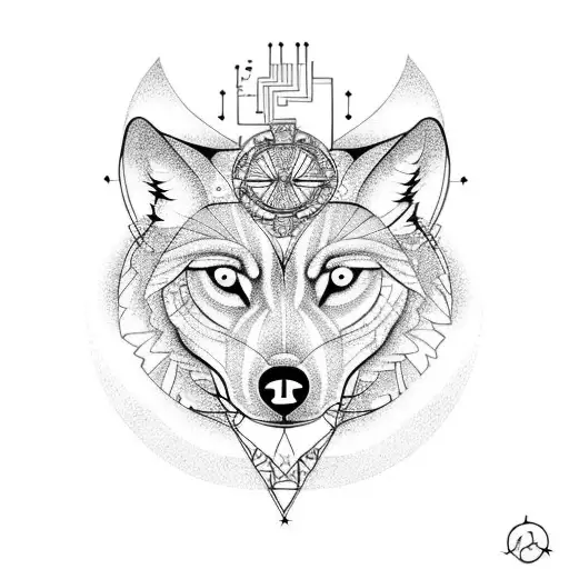 An Intricately Designed Circuit Board With A Wolf Silhouette And A Crescent Moon