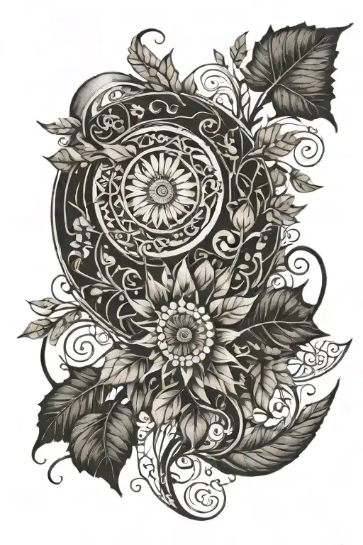 Leaves On Vine Loosely Spiraling Around Arm Starting With A Sun And Ending With A Moon