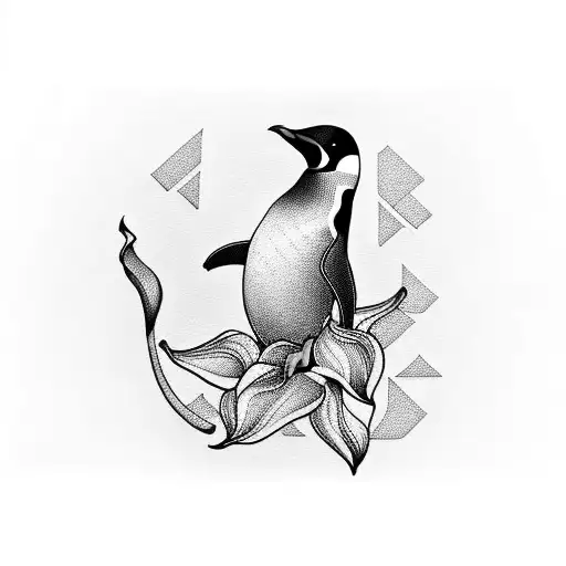 A Captivating Blackwork Tattoo Depicting A Penguin Standing On A Wave With A Calla Lily In Its Beak