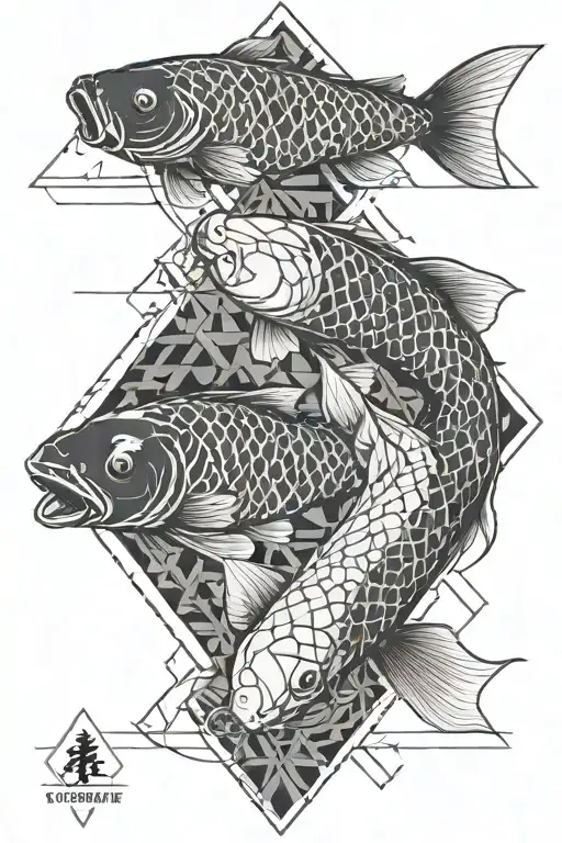 2 Koi Carp In A Diamond Separated By A Sword