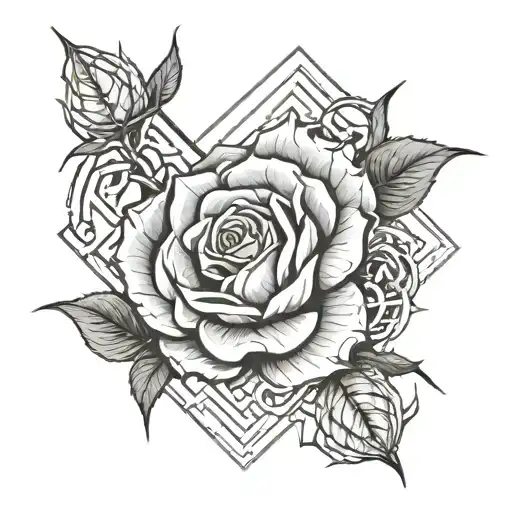 Rose With Thorns With Kanji Lettering Around For Behind The Ear