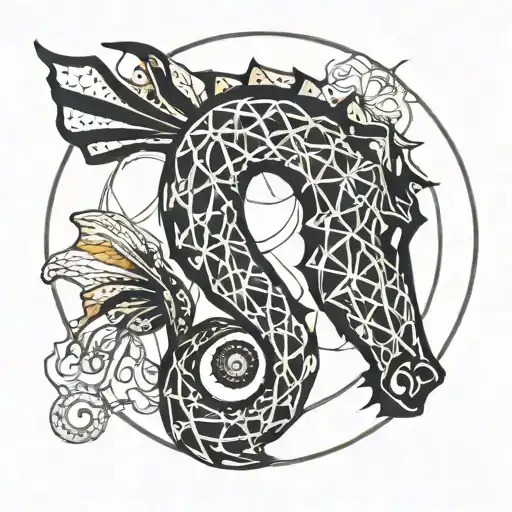 A Tattoo Of A Seahorse Inside A Delicate Minimal Graphic Outline Circle