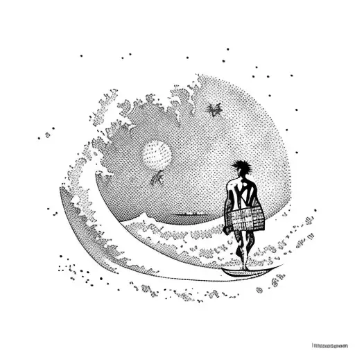 A Mystical Moonlit Beach With Palm Trees And A Surfer Catching A Wave In A Psichodelic State