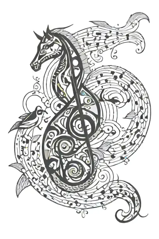 A New-school Design Featuring A Whimsical Musical Note Made Up Of Various Fish And Horse Elements