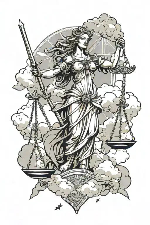 Lady Justice With Sword And Scale With Clouds Behind