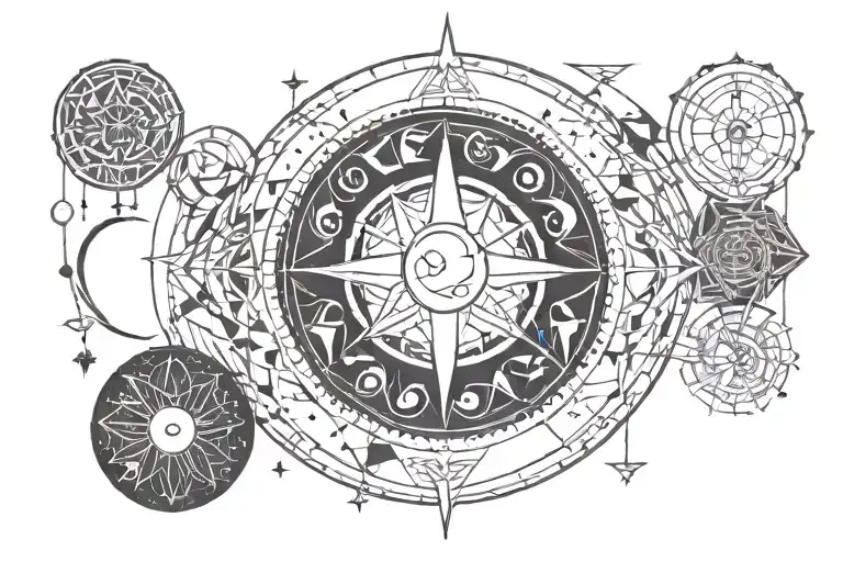 A Geometric Tattoo Featuring Twin Flame Symbols And Moon Phases To Symbolize Balance And Connection