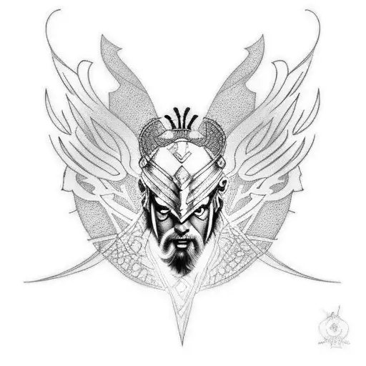 A Dotwork Tattoo Featuring A Futuristic Interpretation Of Odin Accompanied By A Cybernetic Raven