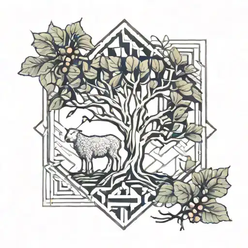 Tattoo Of A Fig Tree With A Small Sheep Resting Underneath