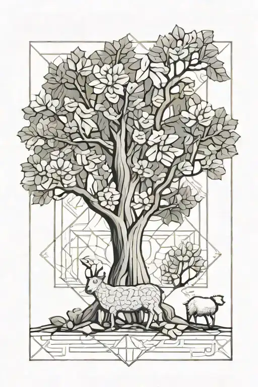 Tattoo Of A Fig Tree With A Small Sheep Resting Underneath