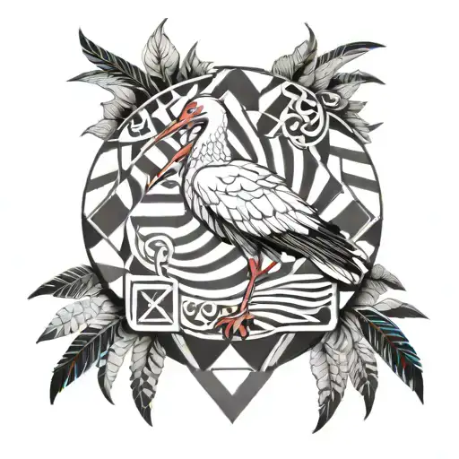 White Stork In A Circle With Clowds