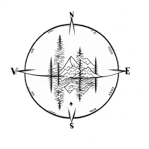 A Compass With Mountains And Trees Inside The Outer Circle
