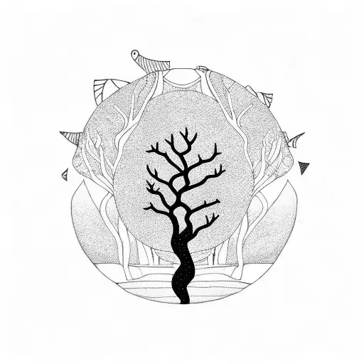 Sunset Sea And Forest Tree