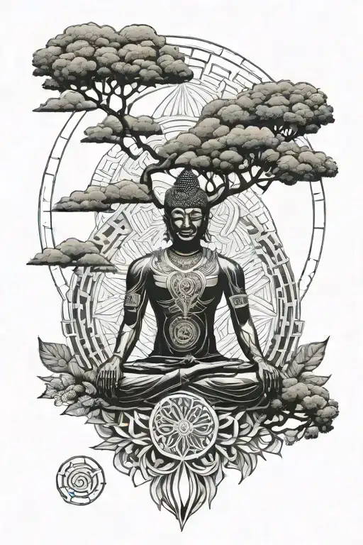 Icarus Rising Sun And Tree Of Life Buddha Meditating
