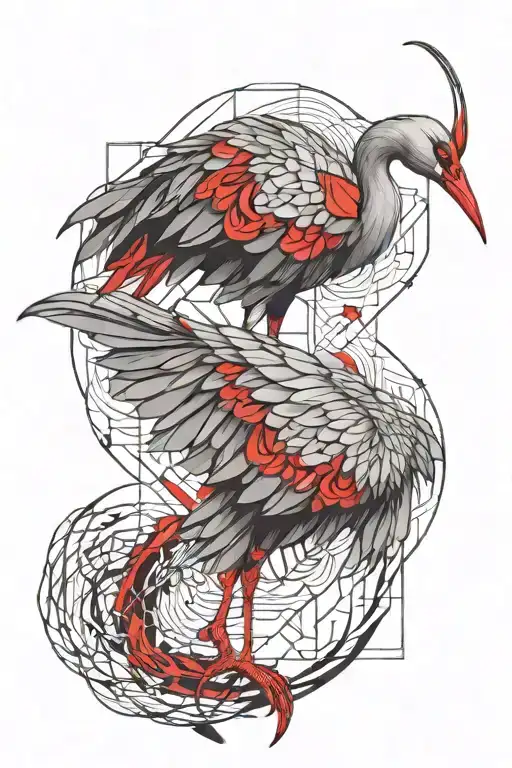 Crane Bird With Red Details Intertwined