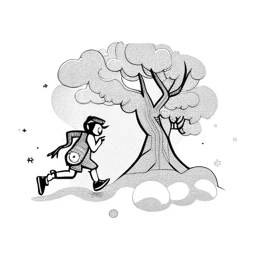 Small Boy Running By Tree With Dog Beside Him