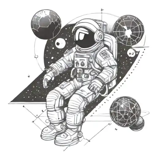 Astronaut With Planets And Geometric Lines
