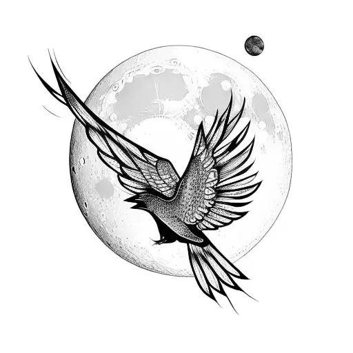 Crow Sitting On A Cresent Moon With Wings Outstretched