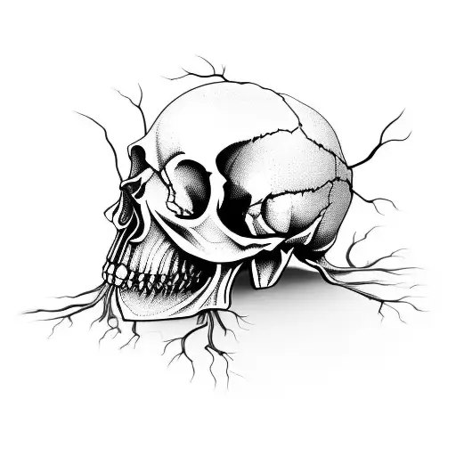 Decaying Human Skull With Roots Growing Out Of It