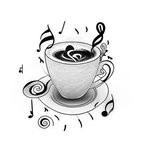 A Minimalist Tattoo Of A Coffee Cup With Musical Notes Swirling Around It