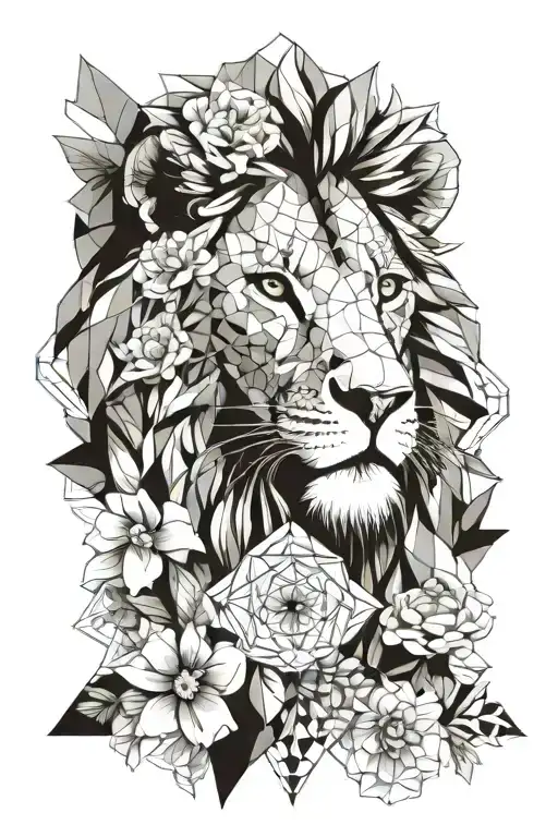 Lion With Flowers And Geo Patern