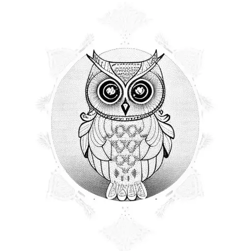 A Blackwork Tattoo Of A Majestic Owl Surrounded By Blooming Flowers And Musical Notes