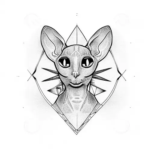 A Minimalist Tattoo Of A Sphinx Cat Wearing A Pentacle Necklace