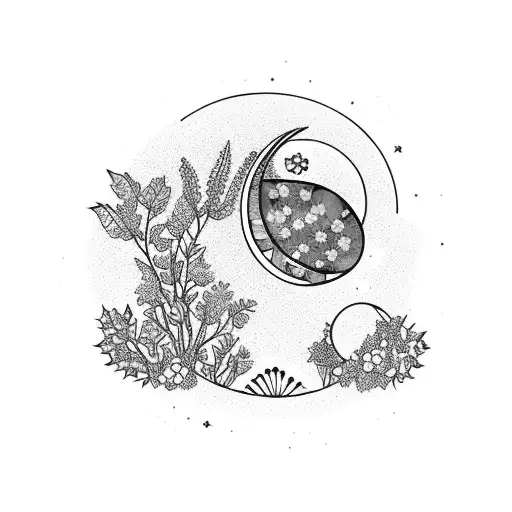 Half Moon With Violet Flowers Growing From Moon With Deep Purple Amethyst Towers Growing